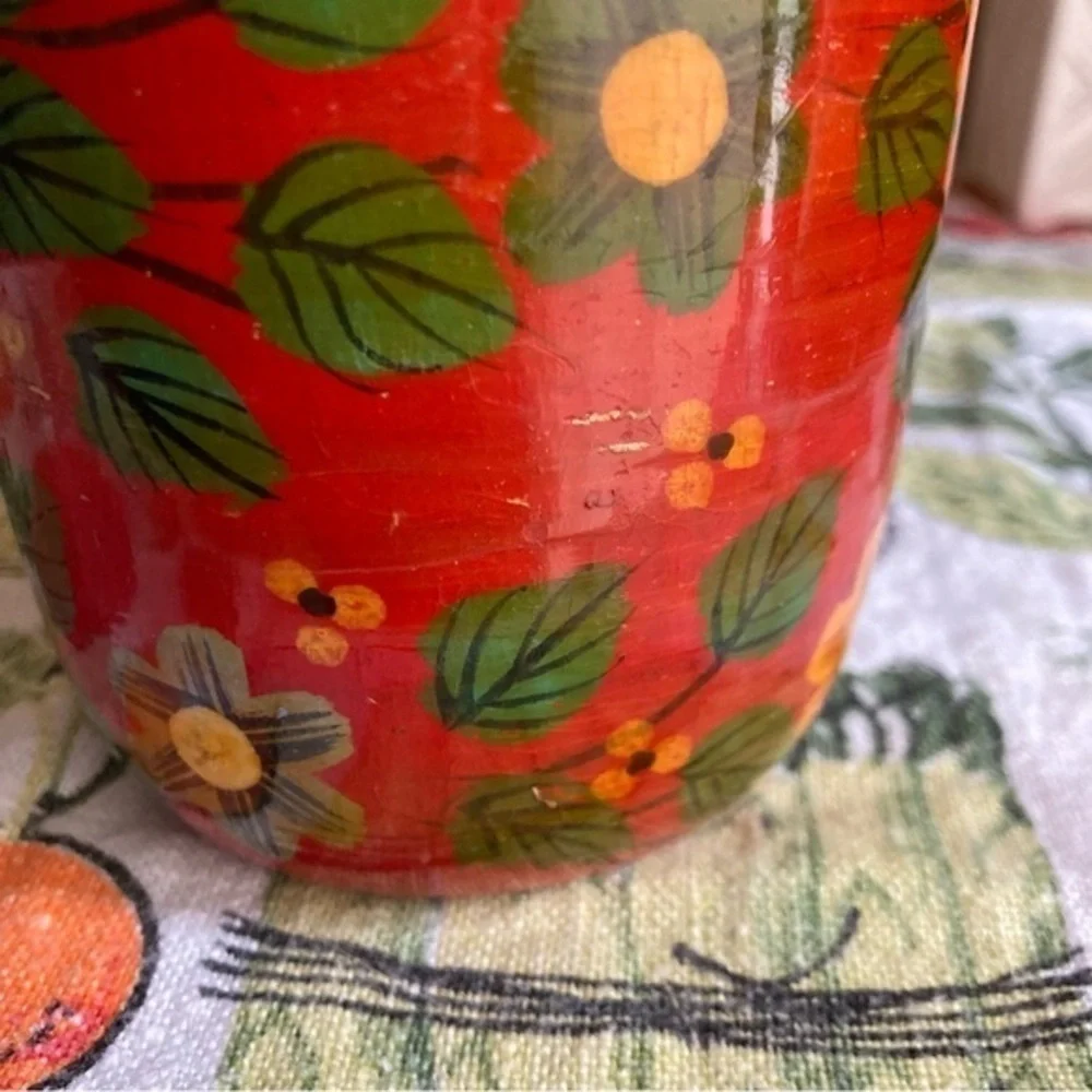 Retro Pier 1 Exports red painted decorative wooden jars with lids